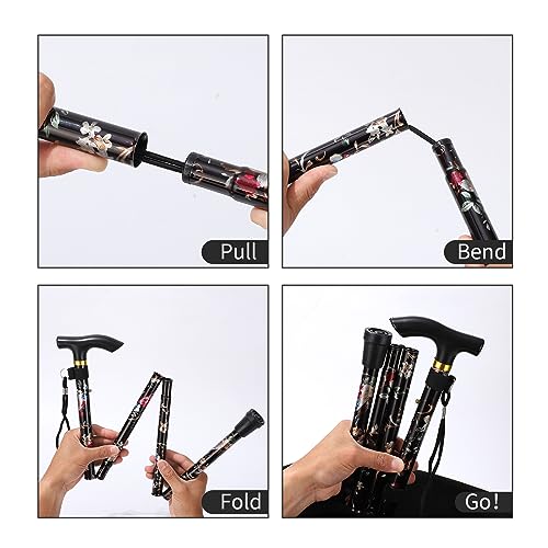 Walking Cane, Folding Cane for Man & Women, Portable Lightweight | 5-Level Adjustable Height, Collapsible Cane for Seniors Balancing Mobility Aid - color: Black Flowers