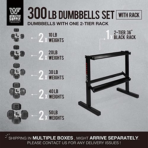 WF Athletic Supply Rubber Encased Hex Dumbbells with Rubber Grip Contoured Handle for Muscle Toning, Strength Building & Full Body Workout - color: w. 300LB Dumbbell Set w/ 2-Tier Rack