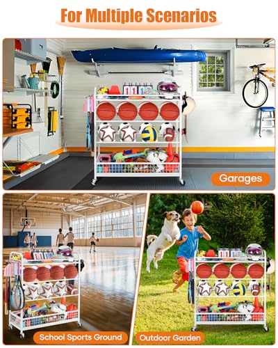 EXTCCT Garage Sports Equipment Organizer - Rolling Ball Storage Bin with Wheels, Garage Sports Gear Rack Outdoor Basketball Racks for Balls with Baseball Bat Holder and Hooks, Toy Organizer(White) - color: White
