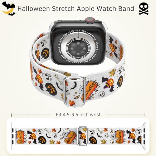 LETOID Stretchy Bands for Apple Watch Band Women Men Adjustable Solo Loop | Skin-Friendly Elastic Nylon Replacement Strap, iWatch Series 11 10 9 8 7 6 5 4 3 2 1 SE Ultra 49 46 45 44 42 41 40 38mm - color: Halloween: Pumpkins, Skeletons, Bats, size: 38mm/4