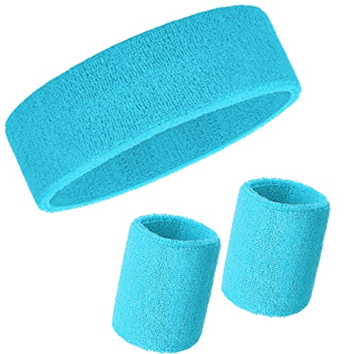 Bememo 6 Pcs Neon Sports Sweatbands Set Sports Competitions Sweatbands 2 Headband 4 Wristbands Breathable Terry Cloth Athletic Bands for Team Soccer Spirit 80s Costumes Cosplay - color: Neon Blue