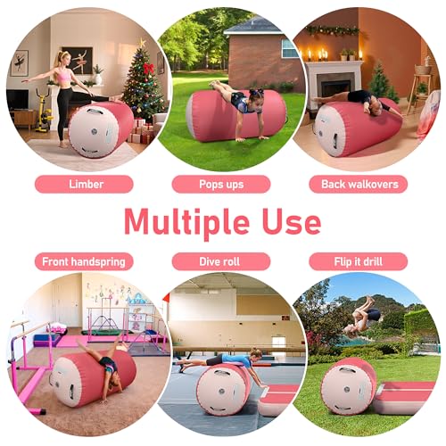 Gymnastic Air Barrel, Inflatable Tumble Track, Tumbling Mat, Roller Octagon Trainer for Back Handspring and Back-bend for Home, Gym, No Pump - color: Pink, size: 3.3'L x 2.3'D，nopump