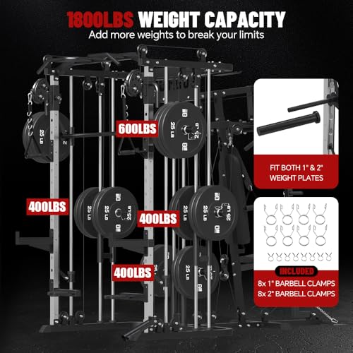 All in One Home Gym System Workout Station, Multi-Function Smithe Machine Power Cage with Cable Crossover System, Tripe-Sided Independent Load Posts, Functional Trainer for Full Body Training - color: Black, style: Home Gym Station with Weight Bench (9001