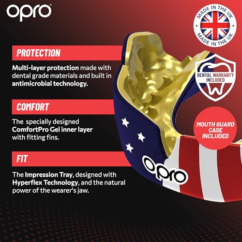 OPRO Instant Custom-Fit Mouthguard – Dentist Level Gum Shield Adult and Kids – OPRO Mouth Guard Boxing and MMA, Self-Fit Gum Shield Rugby – Maximum Protection with Dental Warranty (USA Silver) - color: Usa Silver, size: Adult (10+)