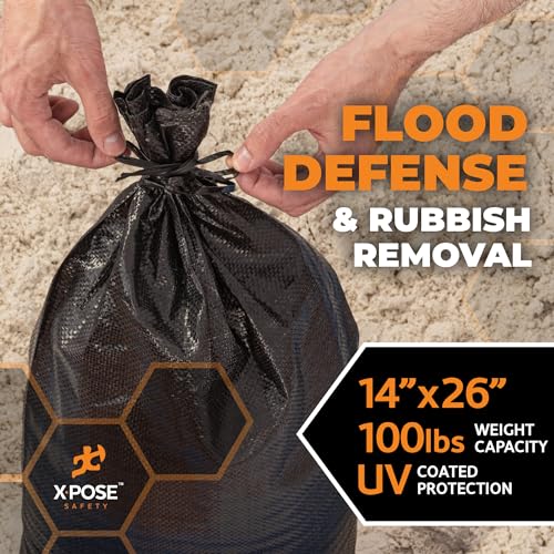 Xpose Safety Heavy Duty Sand Bags with Tie Strings – Empty Woven Polypropylene Sandbags for Hurricane Flood Protection, 100 lb Capacity, 14" x 26", Black, Pack of 10 - color: Black, size: 10 Sandbags