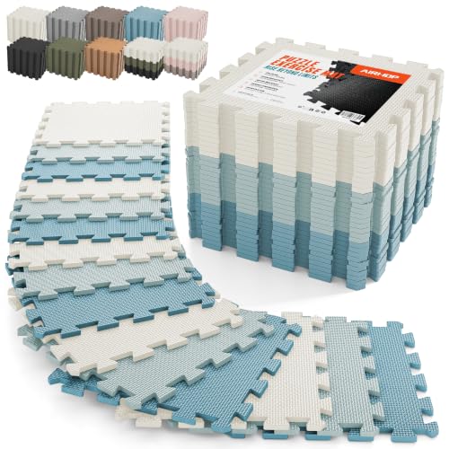 AIRHOP 18 PCS Gym Floor Mat, EVA Foam Puzzle Gym Mat, High-Density Interlocking Foam Floor Tiles for Home Gym, Play Workout Garage Kitchen Flooring 12.6"x12.6"x0.4" - color: Ivory + Navy + Sky Blue Mix Set, size: 18 Tiles | 18 Sq Ft