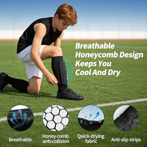 Soccer Shin Guards for Youth Adult, Shin Defender Calf Compression Sleeve with Honeycomb Pads, Lightweight Protective Shin Pads for Football, Ski, Basketball, Boxing, Includes Mesh Carry Bag
