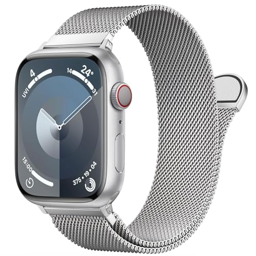 Stainless Steel Milanese Loop Compatible with Apple Watch Bands 46mm 44mm 45mm 49mm men and women,Magnetic Clasp Replacement for iWatch Ultra Series 11 10 9 8 7 SE 6 5 4 3 2 1 - color: Silver, size: 44/45/46/49mm