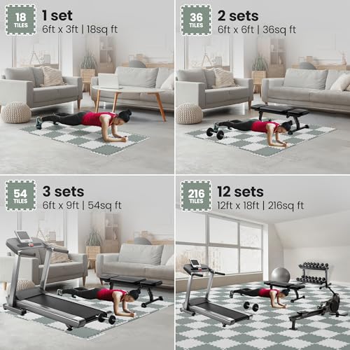 bemaxx Gym Mats Set - 18 pcs EVA Interlocking Foam Floor Tiles (12.6"x12.6"x0.4") 18sqft Protective Gym Flooring Sports Home Workout Exercise Mats Puzzle Garage Fitness Play-Room Pool Treadmill Bike - color: Sage Grey Duo, size: 18 Tiles | 18 sq ft
