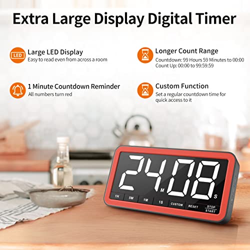 VOCOO Digital Kitchen Timer with 7.8” Extra Large Display, Magnetic LED, with 3 Brightness, 4 Alarms and 3 Volume Levels, Battery Powered Countdown Count Up Timer for Cooking, Classroom, Home Gym - color: Black Red