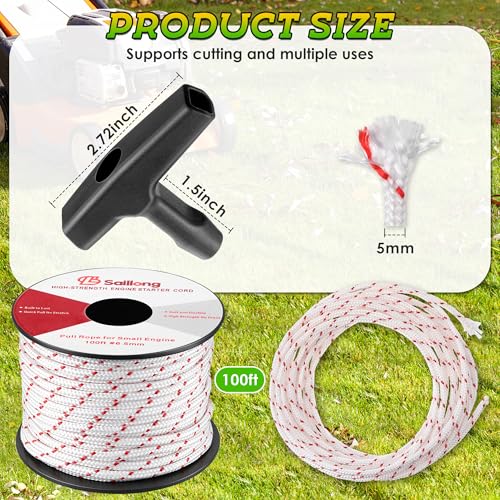 Saillong 5mm 100ft Starter Rope, Pull Cord Rope for Small Engine with 2 Starter Handle, Wear Resistant, Low Stretch, Replacement for Lawn Mower Chainsaw Trimmer Edger Brush Cutter (White & Red) - color: White & Red, size: 5mm