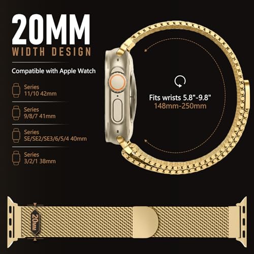 Milanese Loop Compatible with Apple Watch Band 40mm 41mm 42mm 38mm Men Women, Magnetic Buckle Strap Stainless Steel Mesh Metal Bands for iWatch Series 11 10 9 8 7 6 5 4 3 SE3/2/1 - color: 05-Gold, size: 38/40/41/42mm(s10/11)