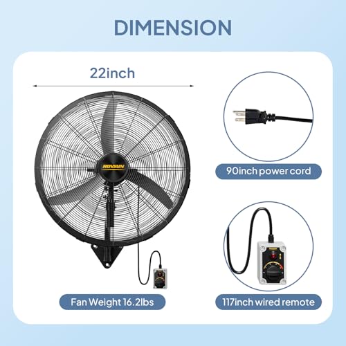 ROVSUN 20inch Wall Mounted Fan with BLDC Motor & Remote Control, High Velocity Industrial Wall Fan with Wired Remote, 4-Speed Outdoor Fan, Waterproof Oscillating Wall-mount Fan for Garage, Gym, Patio - size: 20"