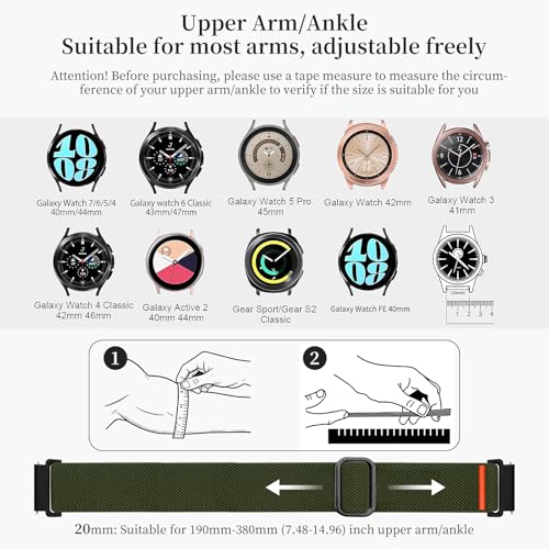 20mm Nylon Sport Ankle/Arm Band Compatibel with Galaxy Watch 7/6/5/4/FE 44mm 40mm/Watch 5 Pro/ 6 Classic 47mm 43mm/ 4 Classic Strap,Elastic Oberarmband Bicep Band for Women Men - color: Military Green
