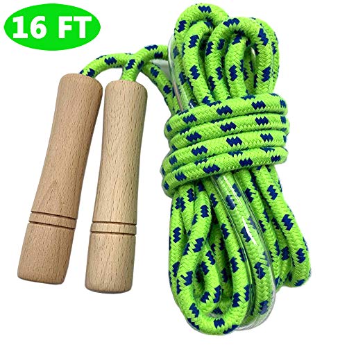 16 FT Double Dutch Jump Rope for Kids - Wooden Handle - Adjustable Cotton Braided Fitness Skipping Rope for Fitness, Outdoor Fun, School Sports, and Party Games