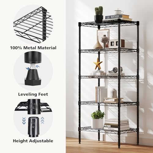 DUMOS 5-Tier Metal Wire Storage Shelves, Adjustable Standing Storage Rack Shelf, Heavy Duty Steel Shelving Unit Organizers for Kitchen Bathroom Pantry Garage, 23.2" Wx13.4 Dx60.1 H, Black - size: 5 Tier-60"H without wheels