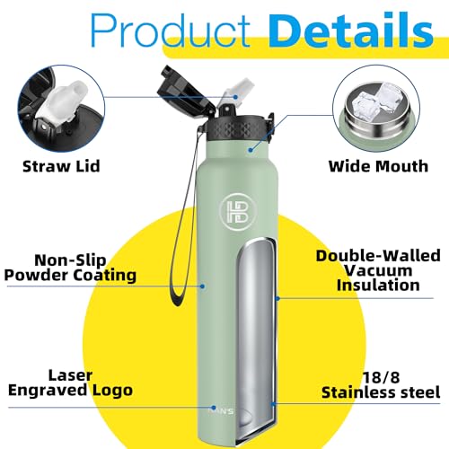 Han's Bottle Sports Water Bottle - 32 Oz, Straw Lid, Leak Proof, Vacuum Insulated Stainless Steel, Double Walled, Thermo Mug,Pine Green - color: Pine Green, size: 32 Ounces