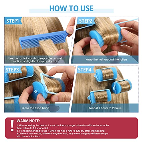 Syhood 12 Pcs Jumbo Foam Sponge Hair Rollers 1.89 Inch Soft Sleeping Curlers Flexible Large Foam Rollers and Rat Tail Comb for Hair Styling(Blue) - color: Blue