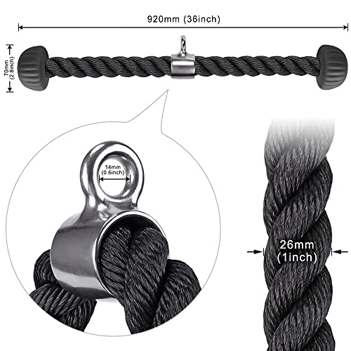 SELEWARE Rotating Straight Bar, Tricep Rope, Double D Row Handle, Rotating V Handle, Cable Machine Attachment with Non-Slip Soft Rubber Grip, Universal Attachment for Cable Machines - color: Black Rubber Tricep Rope - 36inch