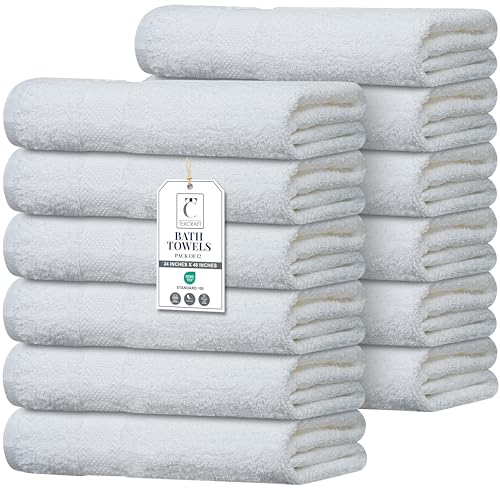 Commercial Bulk Pack of 12 Bath Towels – 100% Cotton Terry 24" x 48" – Ideal for Hotels, Salons, Gyms, Spas & Institutional Use – White - color: White, size: 24"x48" - PK 12