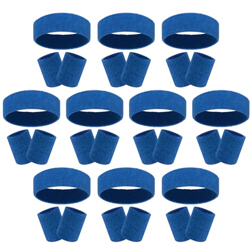 30 Pcs Sweatbands Wristbands Set Absorbent Terry Cloth Headbands Wristbands Neon Color Striped 80s Athletic Sweatbands for Sports Gym Exercise - color: Blue