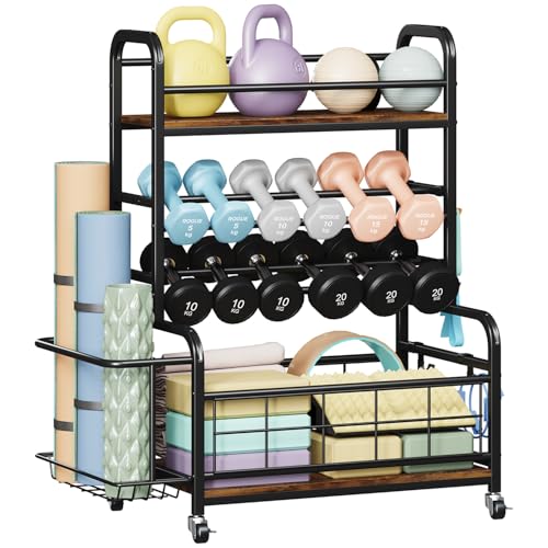 Homeiju 450LBS Dumbbell Rack,Weight Rack for Dumbbells,Weight Rack for Home Gym,Home Gym Storage for Strength Training Dumbbell Racks Stand with Wheels&Hooks - color: Vintage Brown
