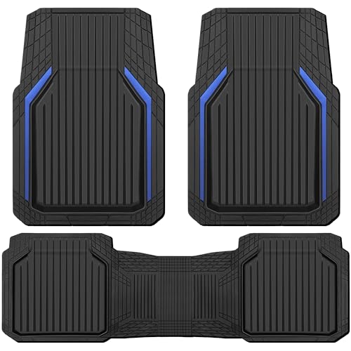 CAR PASS Heavy Duty Rubber Floor Mats for Car, Waterproof Liner Deep Dish Car Mats Full Sets, Universal Trim to Fit for SUV Truck Sedans Vans, All Weather Automotive Floor Mats 3pcs, Black Blue - color: Blue Black