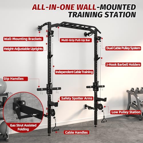 Wall Mounted Power Rack with Cable Crossover Machine, Foldable Squat Rack with Dual Pulley System, Pull Up Bar & J Hooks, 800 LB Capacity Space Saving Home Gym Strength Training Equipment