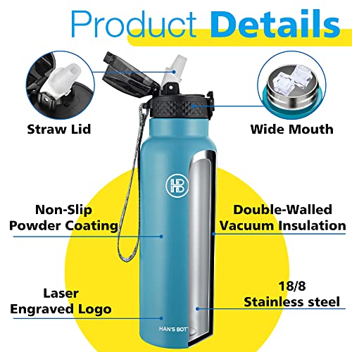 Han's Bottle Sports Water Bottle - 24 Oz, Straw Lid, Leak Proof, Vacuum Insulated Stainless Steel, Double Walled, Thermo Mug,Ocean - color: Ocean, size: 24 Ounces