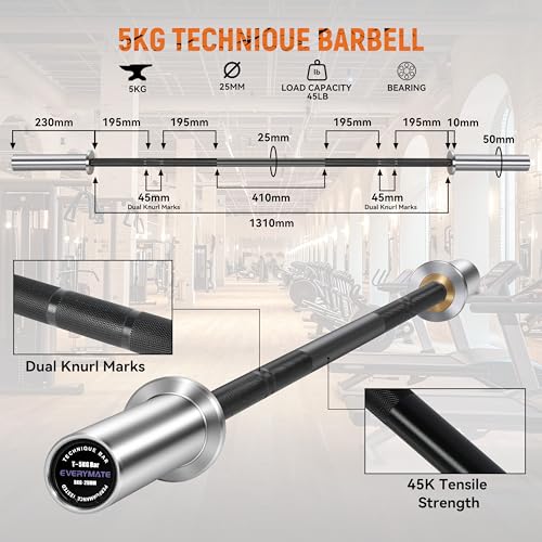 EVERYMATE 5LB Mini Barbell Bar Beginner Women Kid Barbell Total Body Workout Weighted Bar,for Strength Training, for Youth Children New Weightlifting - color: Sliver Sleeves Black Bar, size: 5KG Technique Barbell