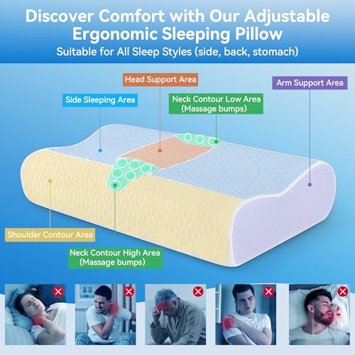 Cervical Neck Pillow for Pain Relief- Queen Size Adjustable Cooling Pillow for Sleeping, Memory Foam Pillows for Neck Shoulder, Ergonomic Contour Bed Pillow for Side, Stomach & Back Sleepers - size: Queen Size (23.6"L x 14.2"W)