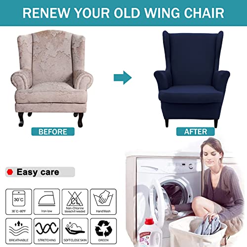 NILUOH Wingback Chair Cover 2-Piece Soft Stretch Wing Chair Slipcover Solid Color Armchair Sofa Couch Cover Furniture Protector with Elastic Bottom for Living Room Bedroom (Navy) - color: Navy