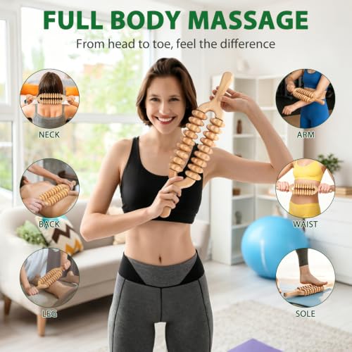 Liitrton Wooden Massage Roller for Legs, Double Row Massage Roller Stick | Smooth Body Roller, Wood Therapy Massage Tools for Trigger Points Relief, Sore Muscle Recovery - color: Double-9‑wheel