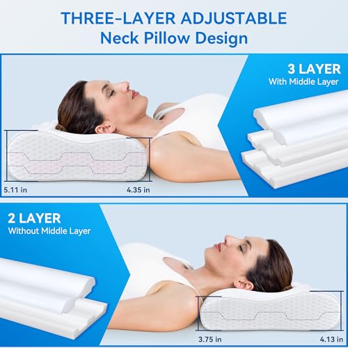 Cervical Neck Pillow King Size - Cooling Adjustable Sandwich Dynamic Memory Foam Pillows for Sleeping, Contour Pillow Ergonomic Orthopedic for Side, Back & Stomach Sleepers Soft, White - size: King Size 27.5"L x 15.7"W Soft