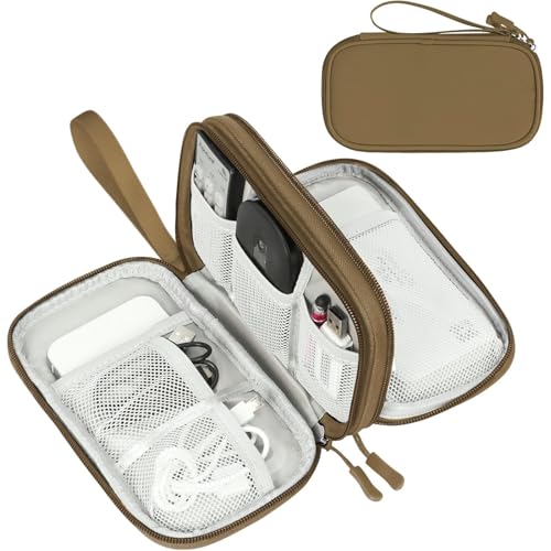 FYY Electronic Organizer, Travel Tech Pouch Bag, Medium, Brown | Wrist Strap, Waterproof, Double Layers Portable Electronics Travel Carrying Case for Cord, Charger, Daily Business Trips Use - color: Brown, size: Medium