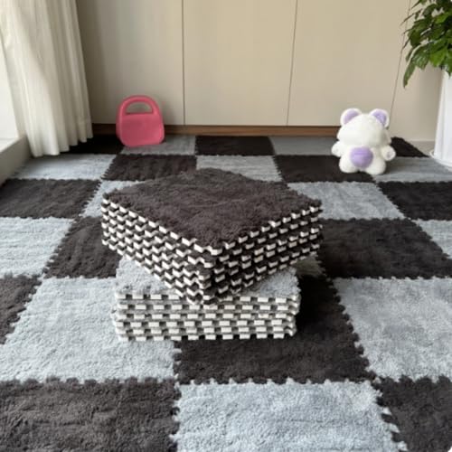 12Pcs Plush Foam Floor Mat,Plush Interlocking Carpet Tiles,Anti-Slip Square Puzzle Floor Mat,EVA Foam Area Rugs for Bedroom Playroom (Black+Grey) - color: Black+grey