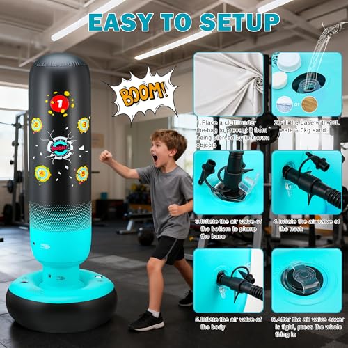 Punching Bag for Kids 65" Inflatable Dinosaur Kids Punching Bag with Boxing Gloves Boxing Bag Set with Pump Dinosaur & Hitting Target Pattern 2 in 1 Birthday Gifts for Boys & Girls Age 3-12