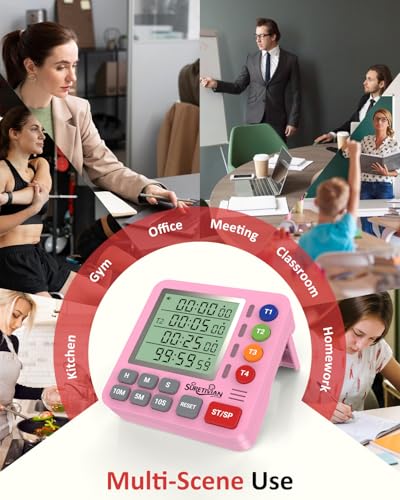 Digital Kitchen Timer with 4 Channel, Loud Alarm and Silent Mode | Magnetic Cooking Timer with Count Up & Countdown for Kids and Seniors, Large Display to Read, Auto Memory, Battery Included - color: Pink
