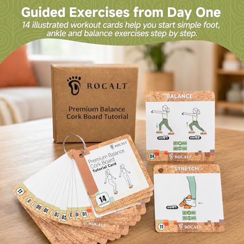 Rocalt Cork Balance Board, Foot and Ankle Strengthener Kit | 4-in-1 set with roller, ball, toe bands and guide, 12 x 4 x 4 in cork build, for runners, yoga and mobility