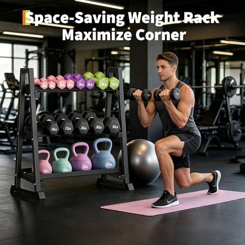 3-Tiers Dumbbell Rack, 1300LB Capacity Adjustable Weight Rack for Home Gym, H-Frame & Trapezoidal-Frame Weight Stand for Dumbells, Kettlebells, Barbells, Weight Plates - size: 34.44 x 7.09 x 18.73 Inch