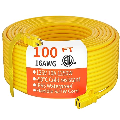 HUANCHAIN Outdoor Extension Cord 100 ft Waterproof, 16/3 Gauge Flexible Cold-Resistant Appliance Extension Cord Outside, 10A 1250W 16AWG SJTW, 3 Prong Electric Cable Yellow, ETL