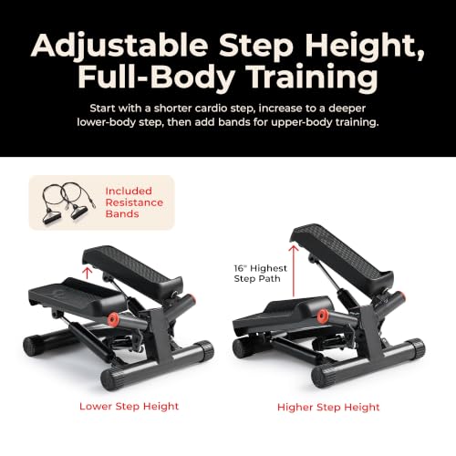 Sunny Health & Fitness Twist Stair Stepper with Resistance Bands | Low-Impact, Side-Twist Motion, Adjustable Step Height, Hydraulic Resistance, SunnyFit App, Up to 350 lb Capacity - color: Black Matte