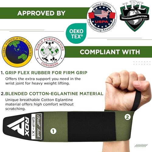 RDX Wrist Wraps for Weightlifting (Pair), IPL USPA Approved, Elasticated 18” Cotton Straps Support with Thumb Loop, Gym Wrap for Weight Lifting Powerlifting Competition Strength Training Bodybuilding - color: Army Green