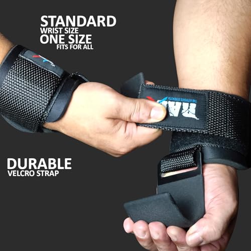 RAD Weight Lifting Hooks (Pair) Comfortable Anti-Rip Nylon Strap Extra Strong Hand Grips for Men & Women Powerlifting Heavy Duty Thick Wrist Padding Gym Workout Enhancer for Power Deadlift Pull Up - color: Black