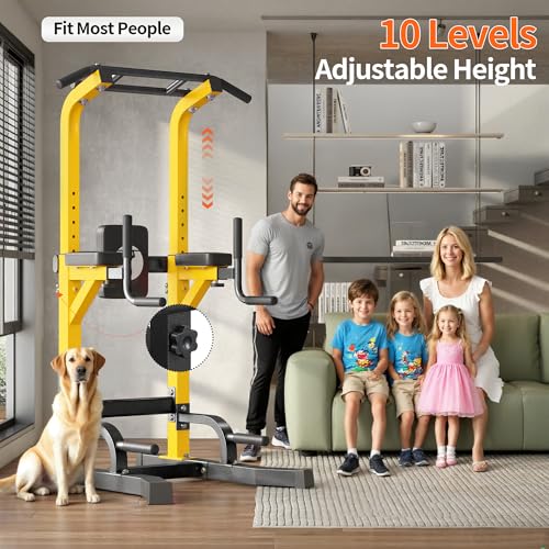 SogesHome Power Tower Pull Up Bar Dip Station for Home Gym 330LB Capacity | Adjustable Height 65.7"-87" Exercise Workout Machine with Comfort Pads & Anti-Slip Grips for Full Body Strength Training - color: Yellow