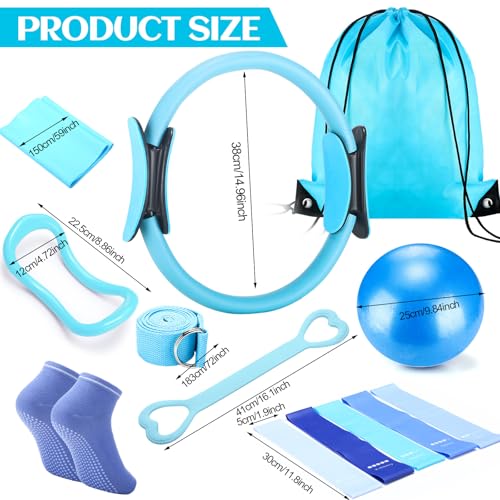 RoundFunny Pilates Ring Circle Set 18 Pcs Exercise Equipment Accessories for Women Workouts Pilates Ball Stretching Strap Magic Circle Yoga Ring Gym Back Bag Resistance Band Anti Slip Socks - color: Blue