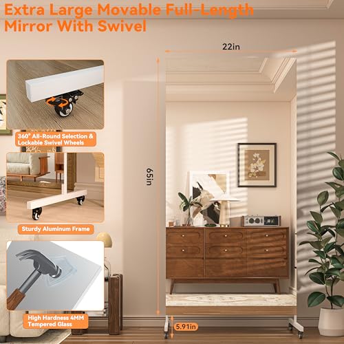 Hasipu 65" x 22" Large Full Length Rolling Mirror with Wheels, White | Tempered glass, sturdy metal frame, smooth rolling casters, removable stand, ideal for gym, dance studio, bedroom & yoga. - color: White, size: 65"L x 22"W