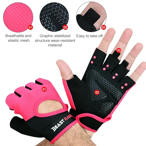 BEAST RAGE Workout Gloves for Men & Women - Fingerless Gym Gloves with Palm Protection, Breathable & Lightweight for Weightlifting, Cycling & Pull Up - color: Magenta, size: Large