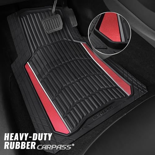 CAR PASS Heavy Duty Rubber Car Floor Mats, Deep Waterproof Car Floor Mats All Weather, Aluminum Film Floor Mats for Cars Non-Slip Universal Trim to Fit for SUVs Trucks Sedans Vans, Black Red Metallic - color: Black Red