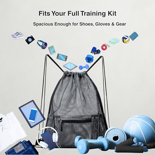 Mesh Sports Drawstring Bag, Large Breathable Gym Sack for Boxing Gloves, Boxing Equipment, Shoes & Training Gear, Lightweight & Durable (Black) - color: Black
